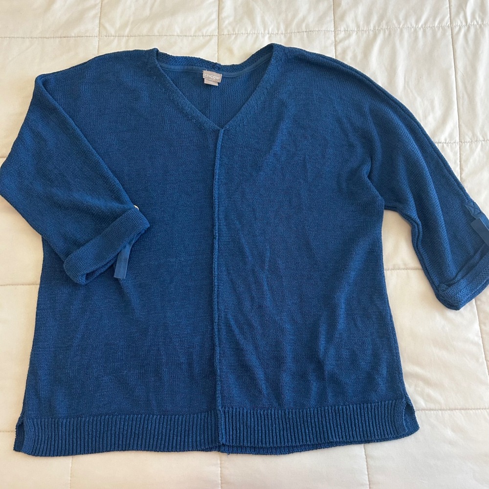 Chicos Blue VNeck Cotton Blend Sweater Size XL Costal Relaxed fit comfort lounge